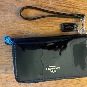 Brand new black patent leather coat, wallet